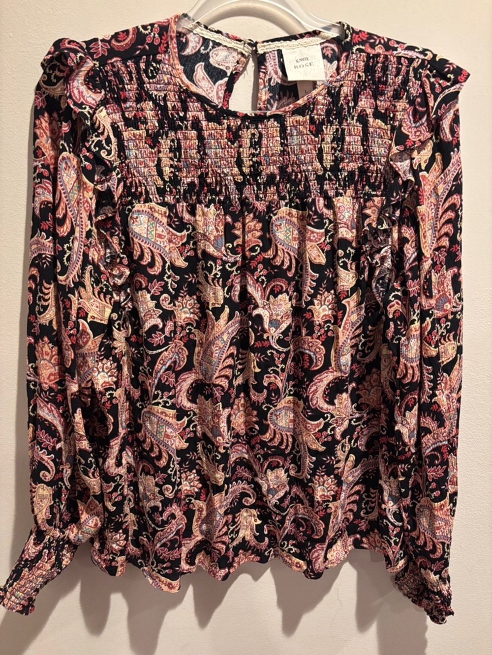 Knox Rose Black Paisley Long-Sleeve Smocked Top with Pink and Cream Accents